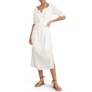 ALEX MILL 'Regan' White Linen Ruffle Collar Midi Dress with Belt MEDIUM